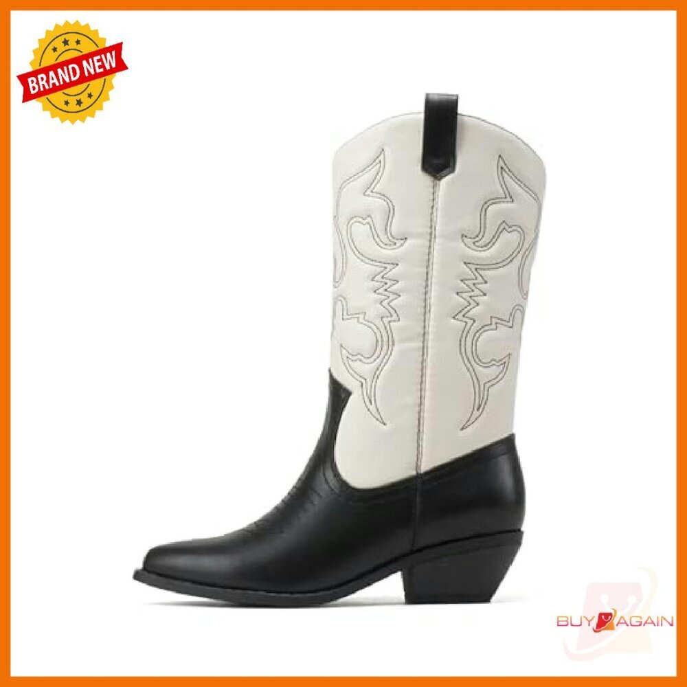 Women's Western Stitched Pointed Toe Low Heel Ankle Boots Slip On - Picture 2 of 6